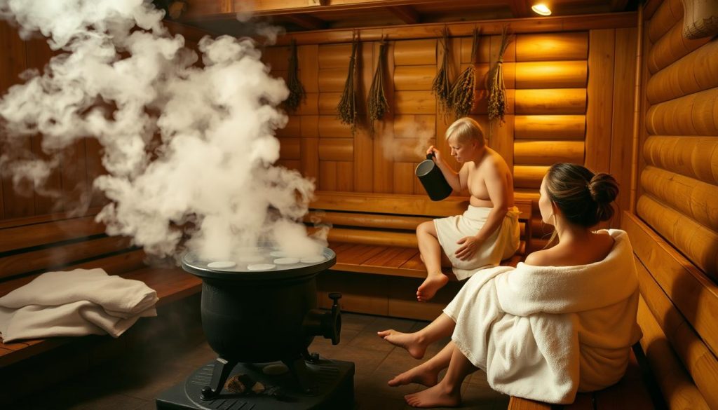 A cozy interior of a traditional Russian bathhouse, or banya. Warm, earthy tones set the relaxing mood. In the foreground, two people sit on wooden benches, wrapped in fluffy white towels, enjoying a moment of tranquility. Steam rises from a cast-iron stove, casting a soft, diffused light. In the middle ground, another person pours water over hot stones, creating a soothing cloud of steam. The background features wooden walls, with hanging bundles of aromatic birch branches. The scene conveys a sense of rejuvenation, as the banya's time-honored rituals promote wellness and beauty.
