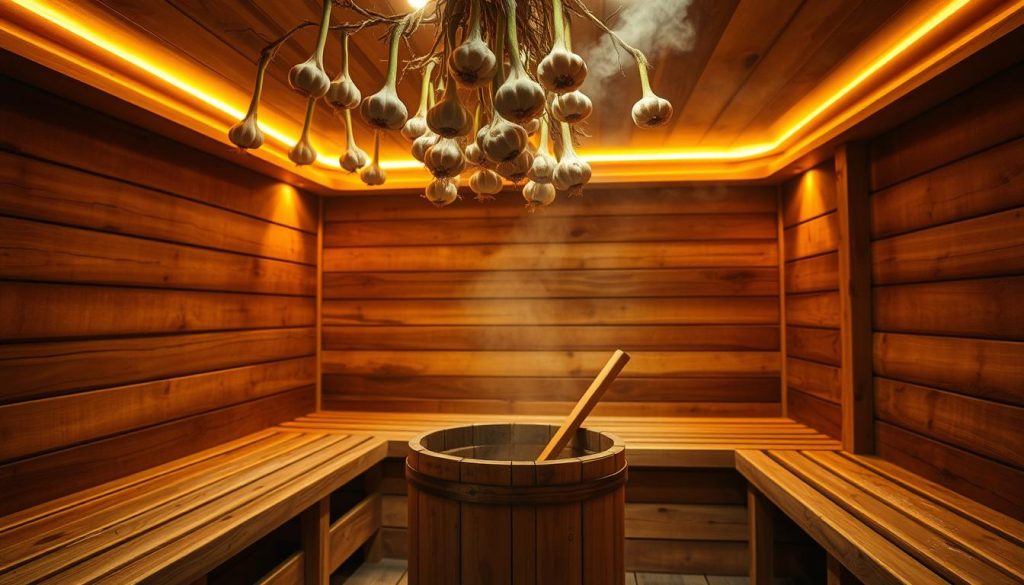A cozy interior of a traditional Russian steam bath, or "banya", filled with the aromatic vapors of freshly crushed garlic. The wooden benches and walls are bathed in a warm, golden glow from the overhead lighting, creating a soothing, almost meditative atmosphere. Bunches of fragrant garlic hang from the ceiling, their pungent scent permeating the air. In the foreground, a wooden bucket and ladle sit ready for the garlic-infused steam ritual. The scene conveys a sense of wellness, purification, and rejuvenation, perfectly capturing the essence of the "garlic banya" experience.