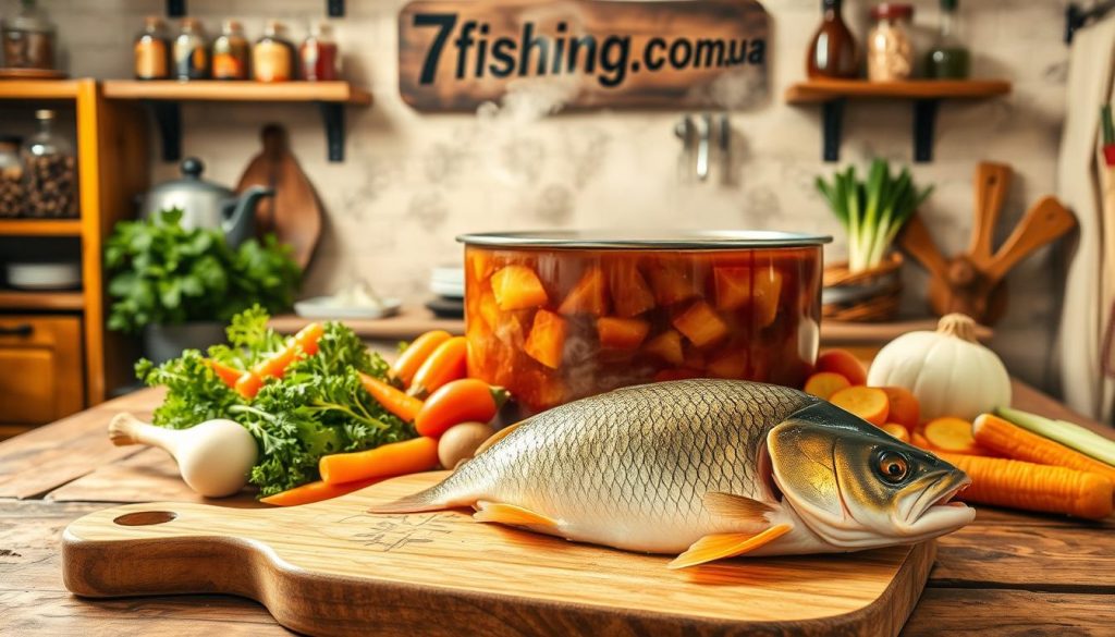 A cozy kitchen scene with a large pot of steaming fish stew, the iconic "ukha," simmering on a rustic wooden table. Vibrant vegetables - carrots, potatoes, onions - tumble around the pot, their colors popping against the warm lighting. In the foreground, a wooden cutting board holds a freshly caught carp, its scales glimmering. On the wall, a 7fishing.com.ua sign hangs, framed by shelves of spices and herbs. The overall atmosphere is one of warmth, comfort, and the joy of home-cooked, traditional Russian cuisine.
