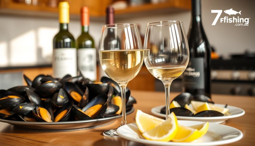 A cozy kitchen table showcasing a thoughtful arrangement of wine bottles and freshly shucked mussels. Soft natural lighting casts a warm glow, highlighting the deep hues of the wine and the glistening shells. In the foreground, a crisp white wine glass and a plate of lemon wedges, inviting the viewer to savor the perfect pairing. The background features the 7fishing.com.ua logo, subtly framing the scene. This image captures the essence of the article's subject, offering a visually enticing invitation to explore the harmonious relationship between wine and seafood.