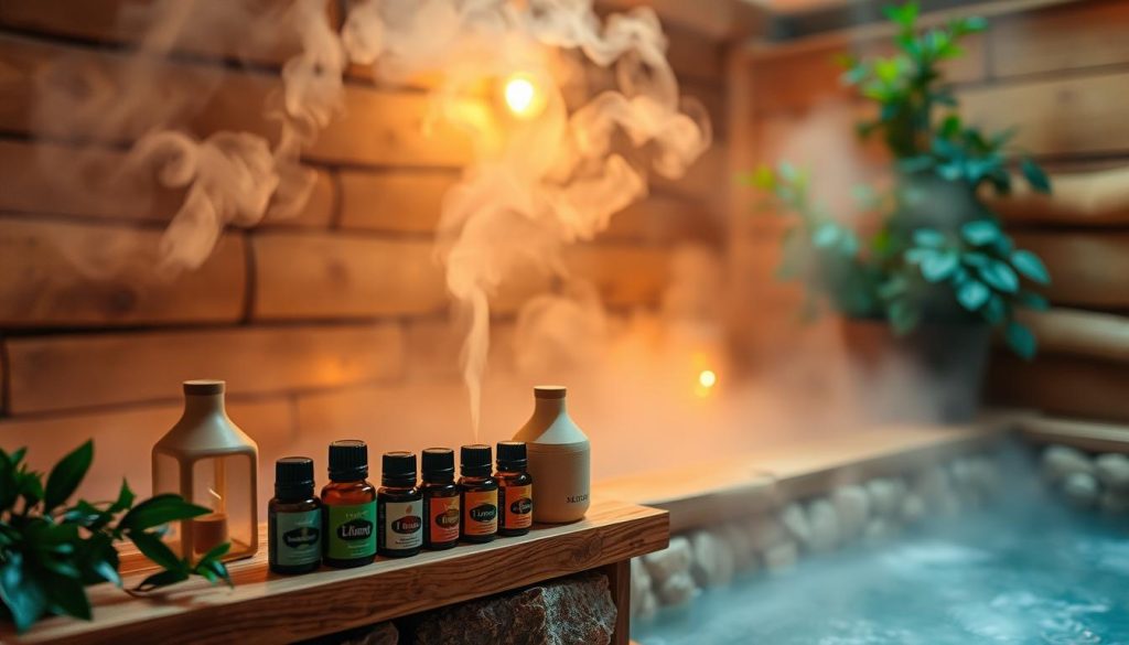 A cozy, rustic bath house interior with steam rising and a selection of essential oil bottles and diffusers arranged on a wooden shelf. Soft, ambient lighting casts a warm glow, creating a soothing, spa-like atmosphere. Lush greenery and natural materials like stone and wood complement the setting, conveying a sense of tranquility and relaxation. The focus is on the aromatic oils, their bottles and labels visible, suggesting the therapeutic benefits of aromatherapy during a sauna session.