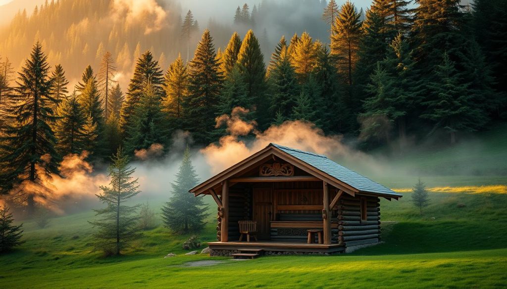 A cozy, rustic Carpathian bathhouse nestled in a lush, alpine meadow. The wooden structure, adorned with intricate carvings, stands in the foreground, its steam-filled interior hinting at the soothing, therapeutic experience within. Surrounding the bathhouse, a dense forest of fir and pine trees forms a verdant backdrop, their towering silhouettes casting long shadows across the scene. Warm, golden light filters through the mist, creating a serene, tranquil atmosphere that invites visitors to immerse themselves in the restorative powers of this traditional Carpathian sauna.