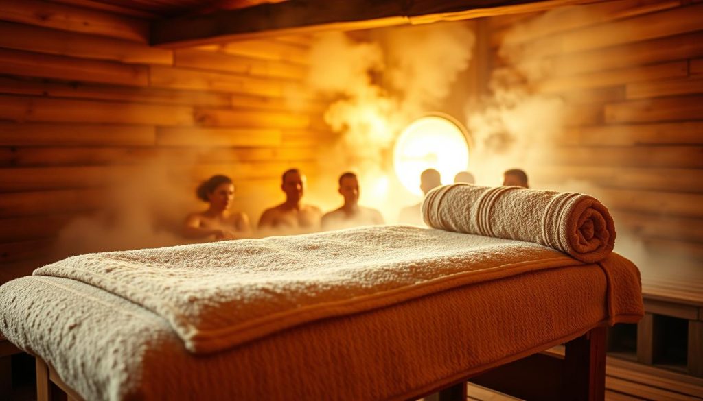A cozy, rustic interior of a traditional Russian banya (sauna), with honey-infused steam enveloping the space. In the foreground, a wooden massage table is draped with a soft, fluffy towel, ready to receive a soothing honey wrap treatment. The middle ground features a group of bathers, their faces flushed with the heat, as they immerse themselves in the therapeutic warmth. The background showcases the warm, amber glow of the furnace, casting a tranquil, inviting ambiance throughout the scene. Soft lighting filters through the steam, creating a serene, spa-like atmosphere that evokes a sense of relaxation and rejuvenation.