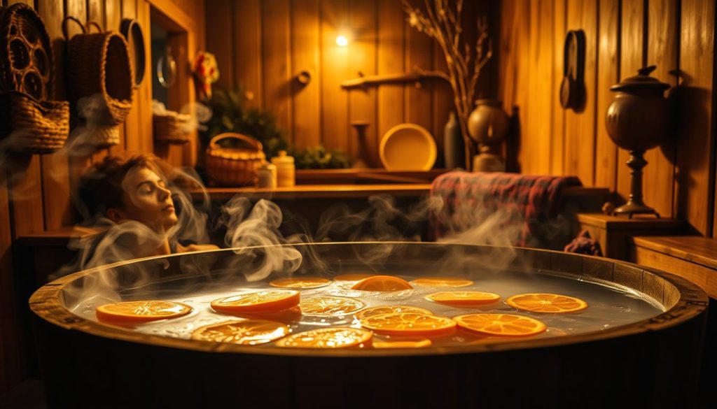 A cozy, rustic Ukrainian bathhouse interior bathed in warm, golden lighting. In the foreground, a wooden tub filled with steaming water and sliced oranges, their vibrant hues contrasting against the dark wood. Wispy tendrils of fragrant steam rise, creating a soothing, atmospheric ambiance. In the middle ground, a wooden bench where a person relaxes, eyes closed, fully immersed in the relaxing experience. The background features traditional decor elements like woven baskets, birch branches, and a samovar, establishing a sense of authentic cultural setting. The overall mood is one of tranquility, rejuvenation, and a connection to Ukrainian wellness traditions.