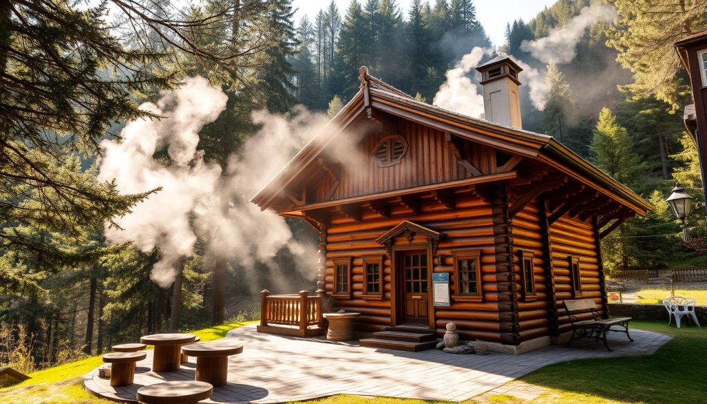 A cozy, traditional Carpathian bathhouse nestled in a lush, mountainous landscape. The wooden structure stands tall, its ornate facade and curving roof reflecting the region's architectural heritage. Steam billows from the chimney, inviting visitors to experience the restorative, therapeutic power of the hot, mineral-rich waters within. The surrounding forest provides a tranquil, serene backdrop, with sunlight filtering through the canopy and casting a warm, golden glow on the scene. Benches and decorative details hint at the relaxation and rejuvenation that await, capturing the essence of the Carpathian bathing tradition and its healing properties.
