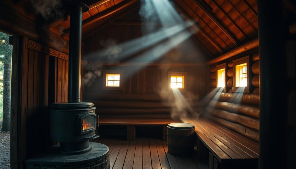 A cozy, traditional Russian banya nestled in a serene forest landscape. The wooden exterior is weathered and inviting, with a large stove chimney puffing out wisps of steam. The interior is illuminated by the warm glow of a wood-fired stove, casting an ethereal, relaxing atmosphere. Benches line the walls, ready to host a rejuvenating steam session. The air is thick with the scent of birch branches and the soothing hiss of water being poured over hot stones. Shafts of soft, diffused light filter in through small windows, creating a tranquil, restorative ambiance. This is a place of healing, cleansing, and restoration, a sanctuary from the outside world.