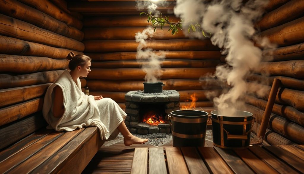 A cozy, traditional Russian banya, steam-filled and infused with the fragrant scent of birch leaves. In the foreground, a person sits on a wooden bench, wrapped in a fluffy towel, enjoying the soothing heat and the gentle slaps of a birch branch. The middle ground reveals a stone stove, glowing embers, and a bucket of water, ready to be poured over the hot stones, creating a therapeutic cloud of steam. The background depicts the rustic, wooden interior of the banya, with a sense of timeless tranquility and rejuvenation. Soft, warm lighting casts a comforting glow, setting the mood for a deeply cleansing and restorative experience.