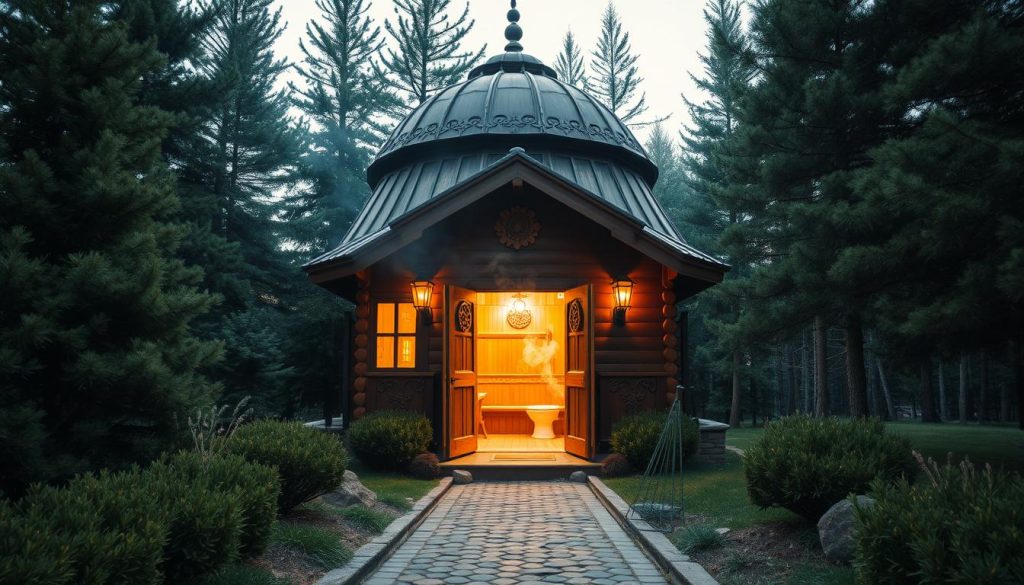 A cozy, traditional Russian bathhouse nestled in a serene, pine-forested landscape. The exterior features ornate wooden carvings and a domed roof, exuding an air of rustic charm. Warm, golden light filters through the windows, casting a inviting glow. Wisps of steam escape the open door, hinting at the soothing, therapeutic experience within. The middle ground showcases a quaint, cobblestone path leading to the entrance, flanked by lush greenery. In the background, towering fir trees sway gently, creating a tranquil, natural setting. The overall mood is one of relaxation, rejuvenation, and a connection to centuries-old cultural traditions.