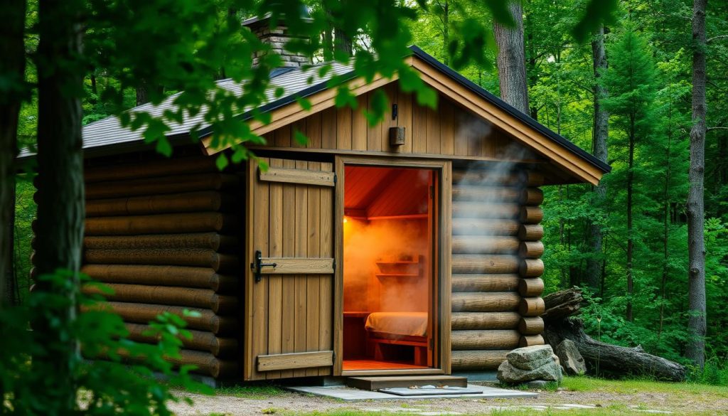 A cozy, traditional Russian-style sauna nestled in a serene woodland setting. The exterior features a rustic wooden structure with a sloped roof and a stone chimney, blending seamlessly into the lush, verdant surroundings. Through the open doorway, glimpse the warm, inviting glow of the interior, where steam gently billows from the steaming stones. Soft, diffused lighting creates a serene, relaxing atmosphere, while the sound of crackling wood fire and the faint scent of pine fill the air. Capture the essence of this peaceful, rejuvenating sanctuary - a place to unwind and immerse oneself in the timeless traditions of Russian banya culture.