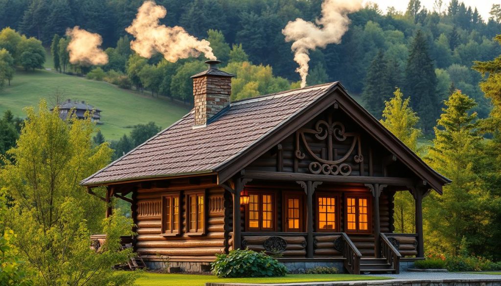 A cozy, traditional wooden bathhouse nestled in the rolling hills of the Ternopil region, Ukraine. The exterior features a rustic, charming design with ornate carvings and a towering chimney stack. Wispy plumes of steam billow from the roof, hinting at the warmth and relaxation within. The surrounding landscape is dotted with verdant trees and lush foliage, creating a serene, secluded atmosphere. Warm, golden lighting filters through the windows, casting a soft, inviting glow. The scene evokes a sense of timeless tradition and the rejuvenating power of the region's natural resources.