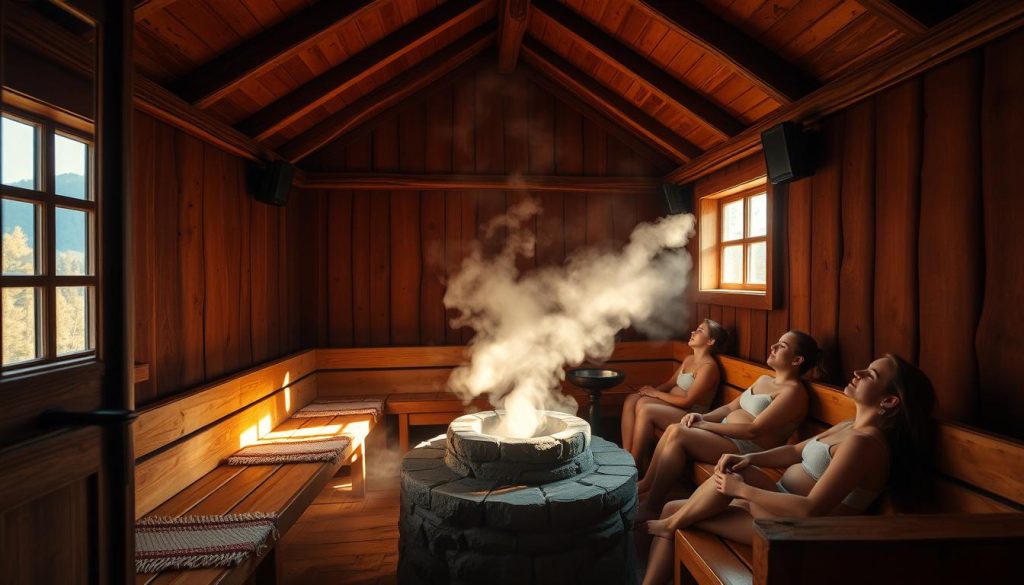 A cozy wooden bathhouse nestled in the picturesque Carpathian mountains, its facade adorned with traditional Hutsul carvings. The interior is dimly lit, creating a warm, relaxing atmosphere. Steam billows from the central stone hearth, infused with the soothing scents of mountain herbs. Sunlight filters through the windows, casting a soft, golden glow across the natural wooden benches and hand-woven textiles. Bathers recline, their faces serene, as they enjoy the restorative powers of this specialized Carpathian sauna, designed to promote physical and mental wellbeing.