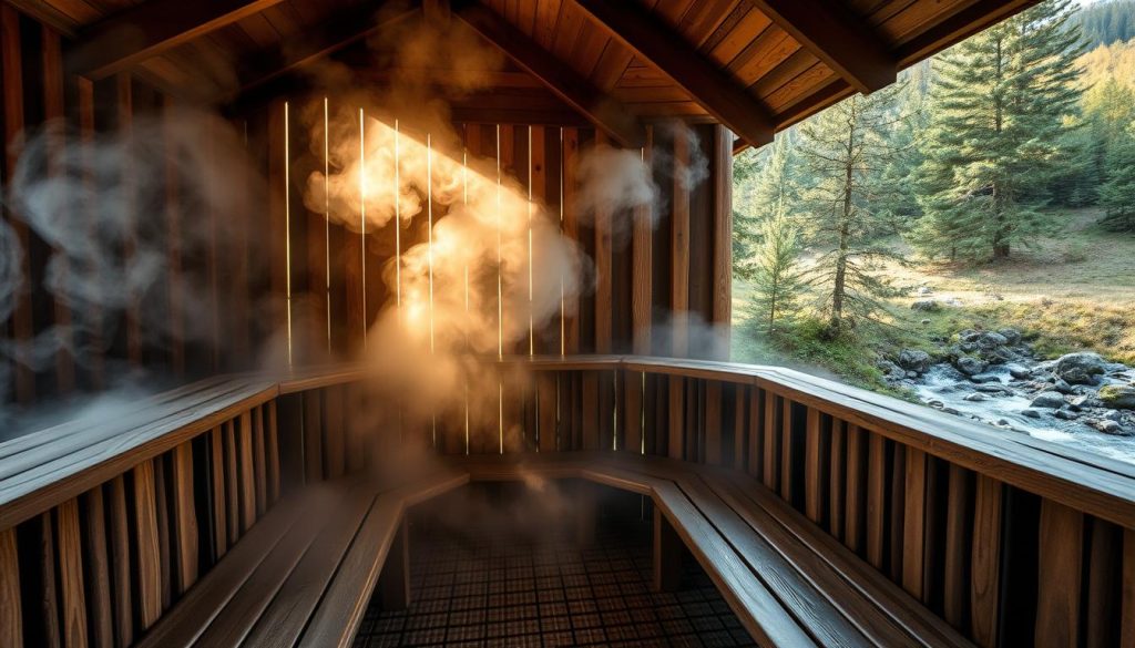 A cozy wooden enclosure nestled in the rolling hills of the Carpathian Mountains, the traditional Carpathian chan steams with billowing clouds of hot water vapor. Soft, diffused natural light filters through the rustic slats, casting a warm, amber glow over the scene. Weathered wooden benches line the interior, inviting guests to relax and unwind. The chan's design blends seamlessly with the lush, forested landscape outside, creating a serene, secluded sanctuary for indulgent bathing rituals. The surrounding environment is lush and verdant, with towering pine trees and a babbling brook in the distance, conveying a sense of tranquility and connection with nature.