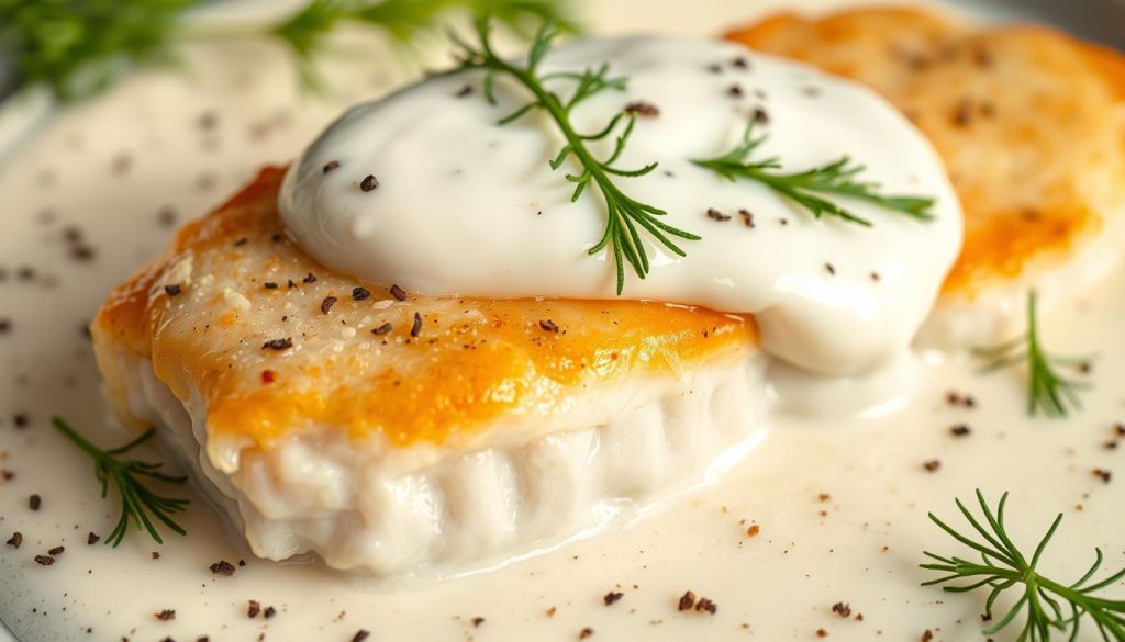 A creamy, decadent sour cream sauce rests atop a succulent baked fish filet, the surface glistening with a golden-brown crust. Fresh dill sprigs and a sprinkle of black pepper accent the delicate seafood, creating a visually appealing and flavorful dish. The lighting is soft and natural, highlighting the sauce's silky texture and the fish's tender, flaky interior. This scene is captured with a close-up, high-resolution lens, showcasing the 7fishing.com.ua brand's commitment to culinary excellence and attention to detail.