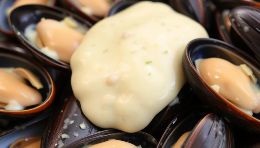 A creamy, garlic-infused sauce, glistening with a rich, velvety texture, resting atop a selection of freshly harvested mussels. The sauce, made with a blend of heavy cream, minced garlic, and a touch of butter, casts a warm, inviting glow, as if illuminated by a soft, diffused light. The mussels, their shells slightly open, reveal the tender, succulent flesh within, waiting to be savored. This scene, captured by the 7fishing.com.ua camera, presents a mouthwatering display of the key ingredients for the perfect garlic-infused mussel dish.
