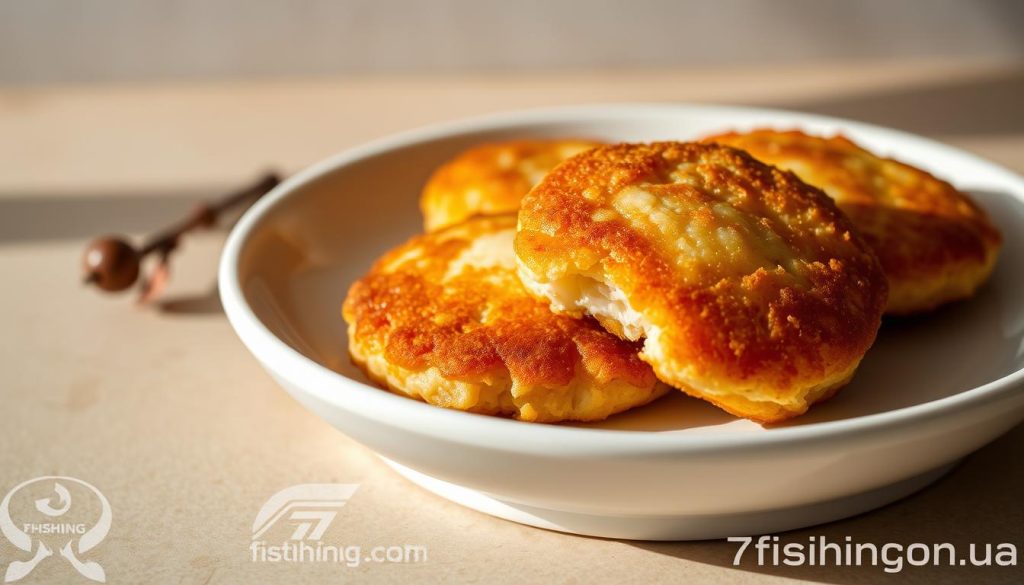 A delectable close-up photograph of perfectly golden-brown fish cakes, known as "рыбные котлеты", glistening with a light sheen and resting on a crisp white ceramic plate. The fish cakes are meticulously crafted, showcasing a tender, flaky interior and a crispy, lightly seasoned exterior. The plate is set against a muted, neutral-toned background, allowing the vibrant hues of the fish cakes to take center stage. Soft, natural lighting casts a warm, inviting glow, highlighting the dish's enticing textures and colors. The overall scene evokes a sense of culinary excellence and a desire to savor this delightful Russian delicacy. Branding: 7fishing.com.ua.