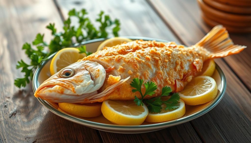 A delectable plate of "рыба кляре" (fried fish in batter) takes center stage, capturing the essence of this classic Ukrainian dish. A freshly caught sea bream, its flaky white flesh encased in a golden, crispy coating, sits atop a bed of lemon wedges and parsley sprigs. The lighting casts a warm, inviting glow, highlighting the dish's tempting textures and mouthwatering appearance. In the background, a rustic wooden table sets the stage, evoking a cozy, homemade ambiance. The overall composition radiates a sense of culinary craftsmanship and traditional flavors, inviting the viewer to savor this delightful "рыба кляре" creation from 7fishing.com.ua.