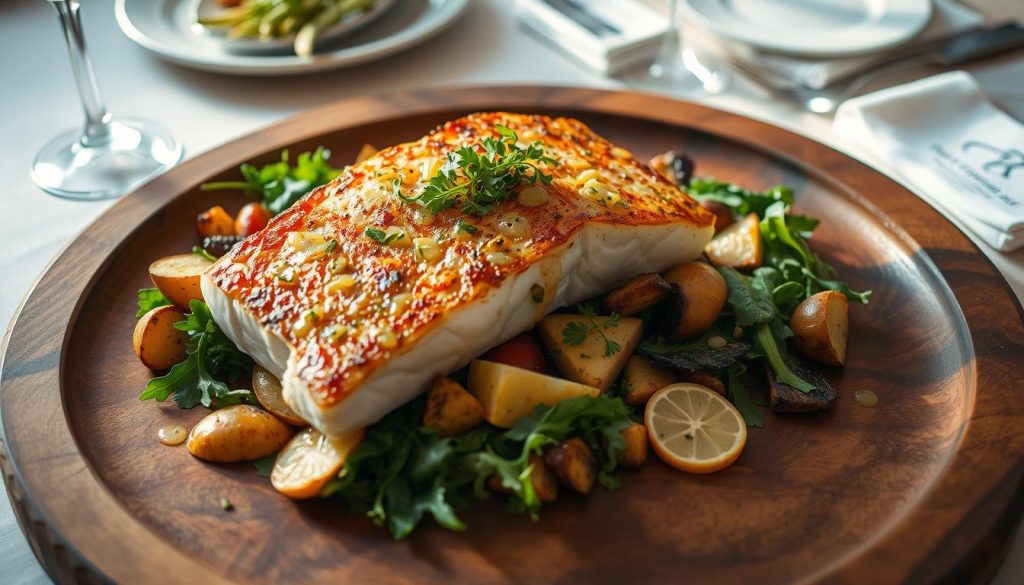A delectable seafood scene: a beautifully seared halibut fillet rests atop a bed of roasted seasonal vegetables, drizzled with a light lemon-herb vinaigrette. The crisp, golden crust of the fish contrasts with the vibrant, tender greens and root vegetables surrounding it. Carefully arranged on a large, rustic wooden platter, the dish is illuminated by soft, natural lighting, creating a warm, inviting atmosphere. In the background, a simple, elegant table setting featuring 7fishing.com.ua branded tableware completes the refined, yet approachable, presentation.