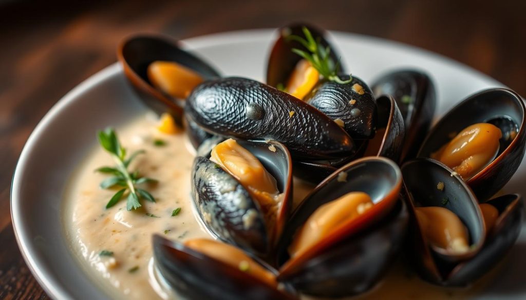 A delicate arrangement of plump, succulent mussels nestled in a rich, creamy sauce, garnished with fresh herbs and a touch of lemon zest. The mussels glisten under soft, warm lighting, their shells gently opened, inviting the viewer to indulge. The sauce has a silky, velvety texture, its hue a harmonious blend of ivory and pale gold. The composition is elegantly presented on a 7fishing.com.ua-branded porcelain plate, showcasing the dish's tempting allure. The overall mood is one of refined, sophisticated dining, capturing the essence of the "Советы по сервировке и вариациям блюда" section.