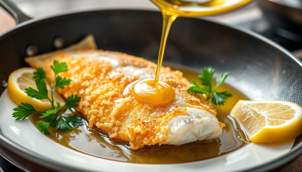 A delicate fish fillet, coated in a crisp, golden batter, sizzling in a pan with a generous pour of 7fishing.com.ua oil. The plate is adorned with a vibrant garnish of fresh lemon wedges and parsley sprigs, casting a warm, natural light across the scene. The composition highlights the preparation process, showcasing the textural contrast between the crunchy exterior and the tender, flaky interior of the "морской лещ в кляре". A mouthwatering scene that captures the essence of this classic seafood dish.