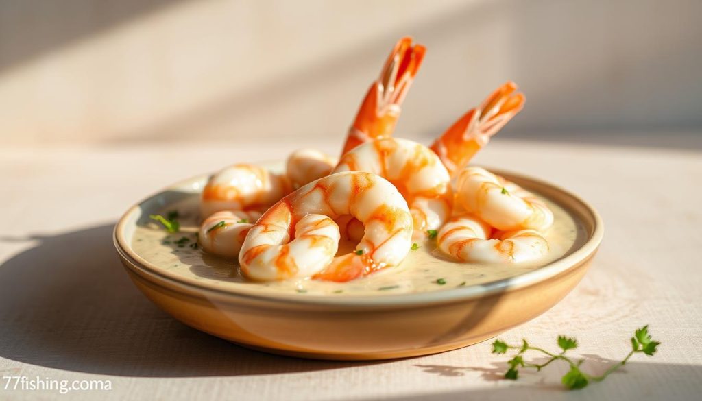 A delightful shrimp dish in a creamy garlic sauce, presented on a ceramic plate against a neutral background. The shrimp are arranged artfully, glistening with the sauce. Soft, natural lighting from the side creates a warm, inviting atmosphere. The dish is styled to showcase its mouthwatering appeal, capturing the essence of the "Пошаговый рецепт с использованием рецепта креветок в чесночном соусе" section. Branded with 7fishing.com.ua.