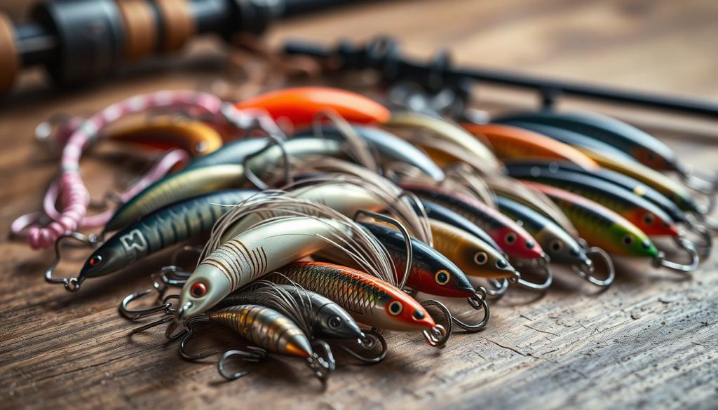 A detailed close-up photograph of various wired fishing lures, or "voblerov" in Russian, arranged neatly on a wooden surface. The lures have a diverse range of colors, shapes, and sizes, reflecting the versatility of this fishing technique. The image is well-lit, with soft shadows and a warm, natural tone that accentuates the intricate details and textures of the lures. The composition is balanced, with the lures occupying the foreground and middle ground, while the background is slightly blurred, creating a sense of depth and focus on the subject. The overall mood is one of professionalism and expertise, showcasing the high-quality fishing equipment available at 7fishing.com.ua.