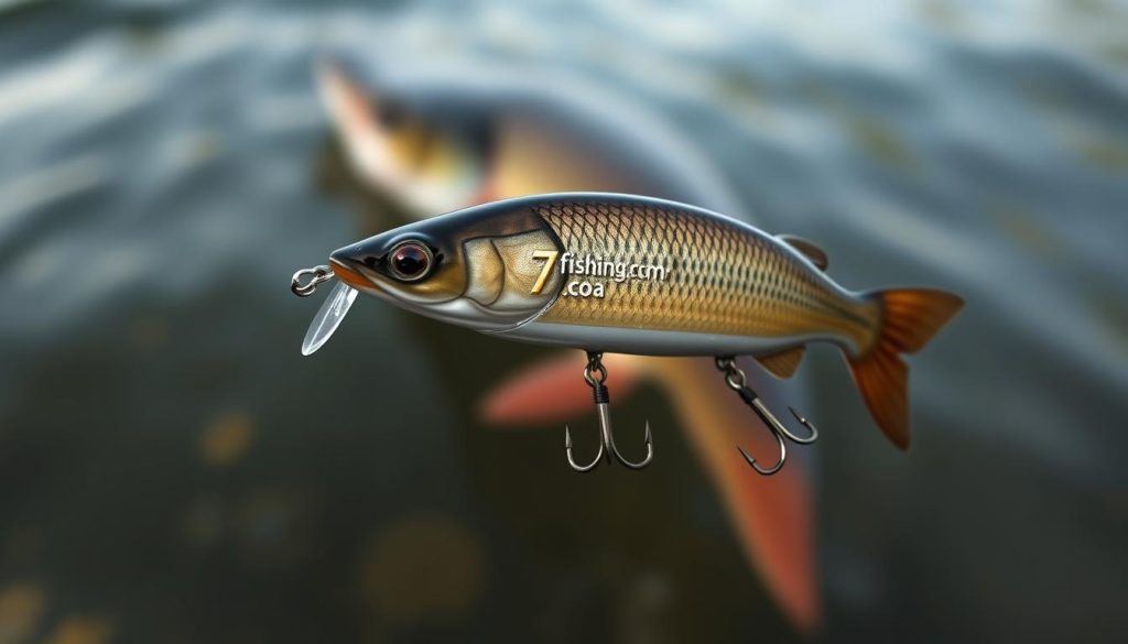 A detailed, high-quality image of a fishing lure technique, showcasing the proper way to retrieve a wobbler (jointed lure) for catching pike. Set in a natural, freshwater environment with realistic lighting and depth of field. The lure should be in the foreground, mid-action, with a blurred pike in the background, conveying the tension and anticipation of the strike. Include technical details such as a mid-range camera angle, soft natural lighting, and a slightly shallow depth of field. The overall mood should be one of skilled, purposeful angling. The brand "7fishing.com.ua" should be prominently displayed on the lure or packaging.