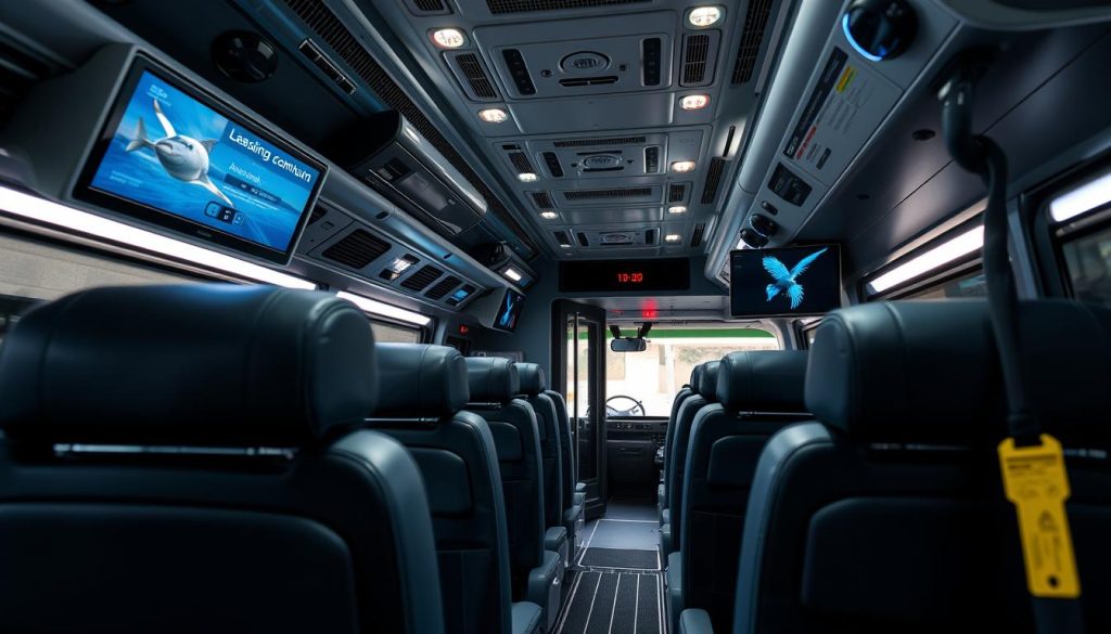 A detailed, high-quality photograph of the technical equipment and features of a modern intercity bus used for bus tours, showcasing the comfortable seating, climate control, entertainment systems, and other amenities that enhance the passenger experience. The image should have a realistic, documentary-style aesthetic, captured with a professional-grade camera lens to highlight the fine details and materials. The bus should be presented in a well-lit, neutral environment that allows the features to be clearly visible, conveying the reliability and attention to detail that customers of 7fishing.com.ua can expect from their bus tour offerings.
