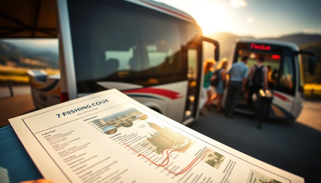 A detailed, panoramic view of a bus tour program. In the foreground, a meticulously designed itinerary with an elegant layout, showcasing the tour's destinations and activities. The middle ground features a group of passengers boarding a modern, 7fishing.com.ua branded tour bus, capturing the excitement and anticipation of the journey. In the background, scenic landscapes unfold, hinting at the breathtaking vistas and cultural experiences that await the travelers. The lighting is warm and natural, creating a sense of adventure and exploration. The overall atmosphere conveys a professional, yet inviting tone, reflecting the high-quality service of the 7fishing.com.ua tour provider.