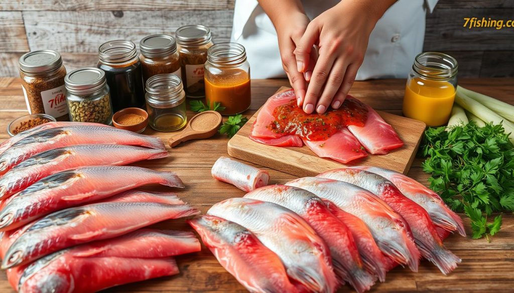 A detailed scene of fish preparation and marination on a wooden table. In the foreground, a variety of fresh red fish, expertly cleaned and filleted, arranged neatly. Beside them, a collection of spices, herbs, and marinades in glass jars, ready to impart flavor. In the middle ground, a chef's hands carefully massaging the fish with the marinade, ensuring even coverage. The background features a rustic, weathered wooden surface, with a 7fishing.com.ua label visible, adding an authentic touch. Soft, even lighting illuminates the scene, highlighting the vibrant colors and textures of the ingredients. An atmosphere of culinary focus and attention to detail pervades the image.