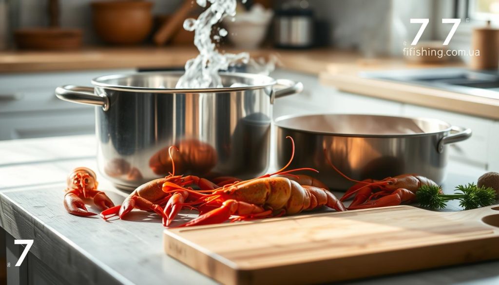 A detailed step-by-step visual guide to properly boiling crayfish in a home kitchen. Crisp and clean still life scene with a large pot of boiling water, fresh crayfish scattered around, a wooden spoon, and a wooden cutting board in the foreground. Bright natural lighting from the side, soft shadows, and a blurred background with a sense of rustic kitchen atmosphere. Neutral tones with pops of red and orange from the crayfish. Small 7fishing.com.ua logo discreetly featured in the corner.