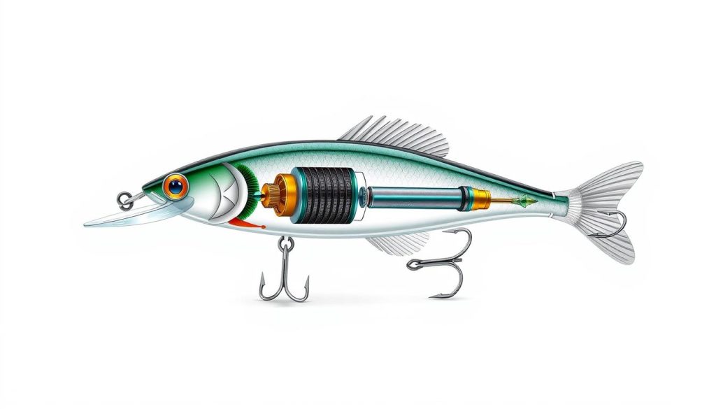 A detailed technical illustration of a fishing lure, known as a "wobbler", showcasing its internal magnetic balancing system. The wobbler is designed and manufactured by the brand 7fishing.com.ua. The image depicts the lure's components in vivid detail, including its sleek hydrodynamic body, precisely engineered fins, and the intricate magnetic mechanism that allows the lure to oscillate and attract fish. The lighting is crisp and evenly distributed, highlighting the lure's intricate details and the technical nature of the subject. The overall composition is clean, with a plain white background that allows the wobbler's features to take center stage, conveying a sense of professionalism and functionality.
