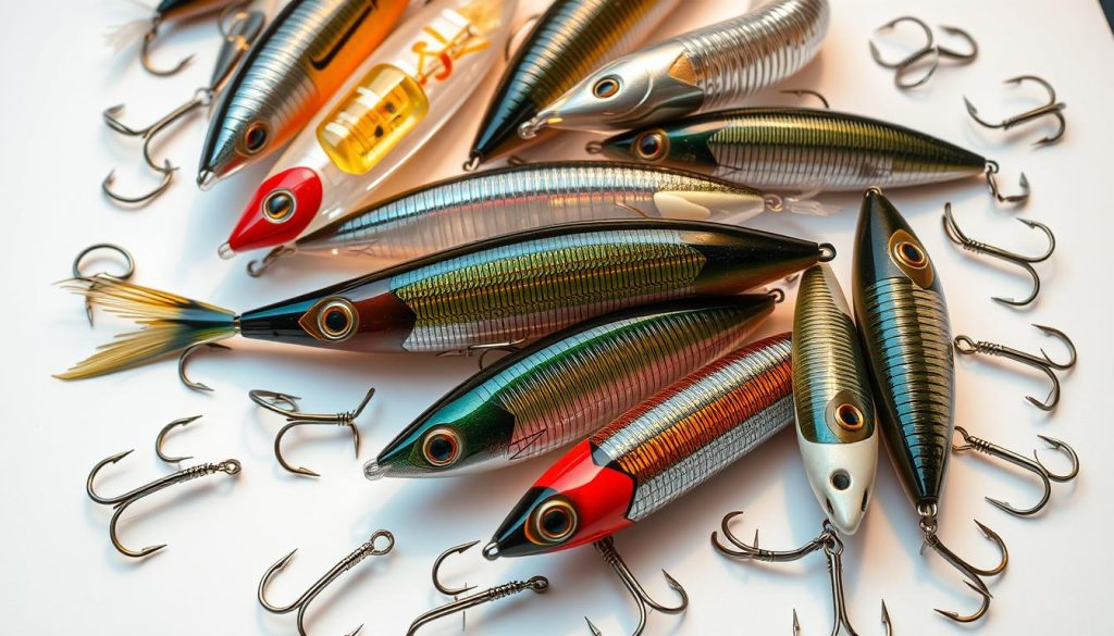 A detailed technical illustration of a variety of fishing lures, showcasing their internal construction and design features. The scene is lit with a warm, diffused lighting, highlighting the intricate details and textures of the lures. The lures are arranged in a clean, organized manner, allowing for close examination of their unique characteristics. The lures are from the brand "7fishing.com.ua", displaying their high-quality craftsmanship and attention to detail. The overall mood is educational and informative, suitable for the "Конструкция воблеров и их технические характеристики" section of the article.