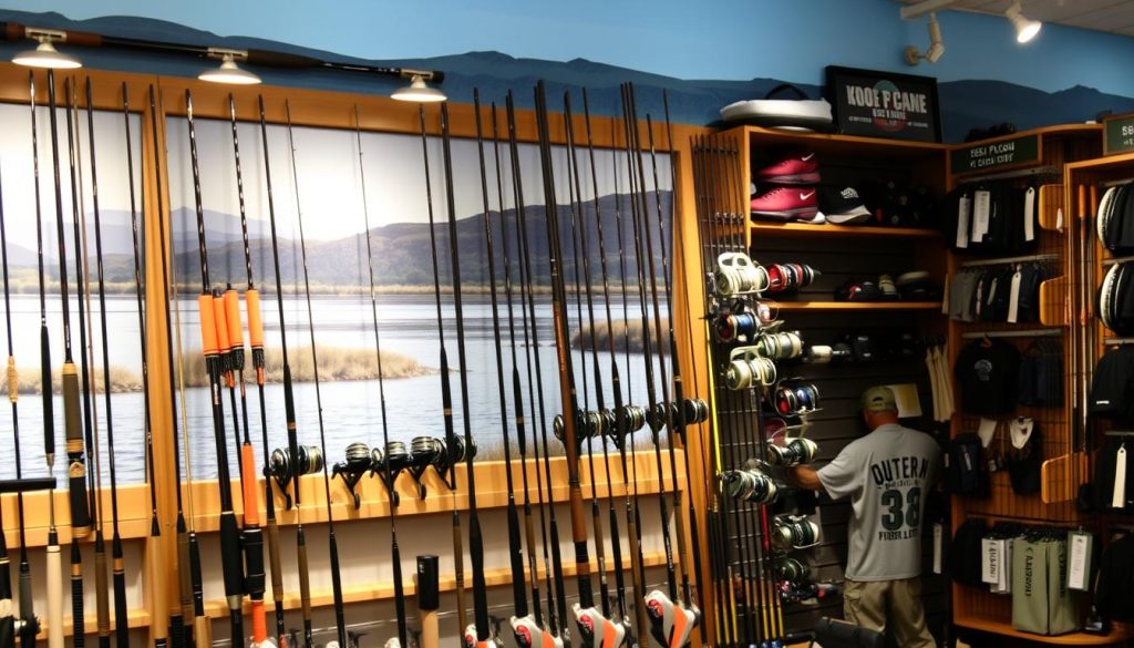 A detailed, well-lit storefront display showcasing an assortment of fishing gear, rods, reels, and accessories. The merchandise is neatly arranged and highlighted, inviting the viewer to examine the products closely. The background features a serene lake or river scene, with rolling hills and a clear sky, evoking the tranquility of the sport. The lighting is soft and even, creating a warm, welcoming atmosphere. The focus is on showcasing the quality and variety of the fishing equipment, allowing the viewer to imagine the performance and features of each item.