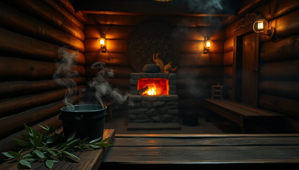 A dimly lit, cozy interior of a traditional Russian banya (sauna). In the foreground, a rustic wooden bench lined with lush birch leaves and a bucket of steaming water. Gentle wisps of fragrant steam fill the air, creating an enveloping sense of tranquility. The middle ground features a large, stone-built stove, its glowing embers radiating warmth. The background reveals ornate wooden walls adorned with intricate carvings, evoking the sacredness of this ritual space. Soft, amber lighting casts a cozy, mystical glow, enhancing the timeless, meditative atmosphere. A serene, timeless scene that captures the deep spiritual significance of the Russian banya tradition.
