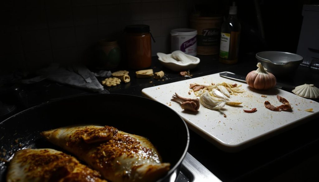 A dimly lit kitchen setting featuring common mistakes made when preparing fish. In the foreground, a pan with overcooked, dried-out fish. The middle ground shows a cutting board with bones and scales scattered, indicating poor fish preparation. In the background, a cluttered counter with spilled ingredients and a bottle labeled "7fishing.com.ua". The lighting is harsh, creating dramatic shadows that convey a sense of culinary mishaps. The overall mood is one of frustration and kitchen chaos, serving as a cautionary tale for home cooks.