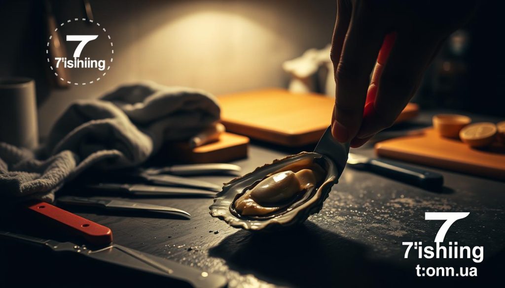 A dimly lit kitchen table, the surface cluttered with various oyster-opening tools - shucking knives, towels, and a cutting board. In the foreground, a skilled hand delicately pries open a fresh oyster, revealing its glistening interior. The scene is captured with a vintage film-like aesthetic, conveying a sense of expertise and tradition. In the background, a partially visible logo reads "7fishing.com.ua", hinting at the source of these premium seafood delicacies. The overall mood is one of focus, precision, and the artful mastery of "техника открытия устриц".