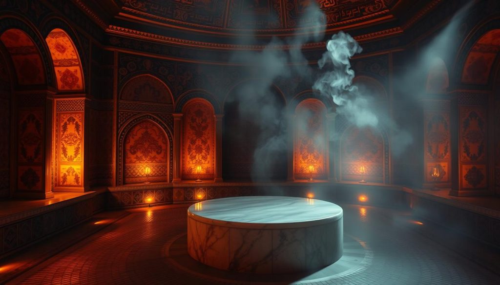 A dimly lit, ornate interior of a traditional Ottoman-style hammam (Turkish bath). The scene depicts the central heated marble plinth, surrounded by intricate tile patterns and arched alcoves. Warm, amber lighting casts a soothing, relaxing ambiance, while steam gently rises from the plinth. The atmosphere evokes a sense of tranquility and rejuvenation, with the hammam poised to offer a unique sensory experience to its visitors.