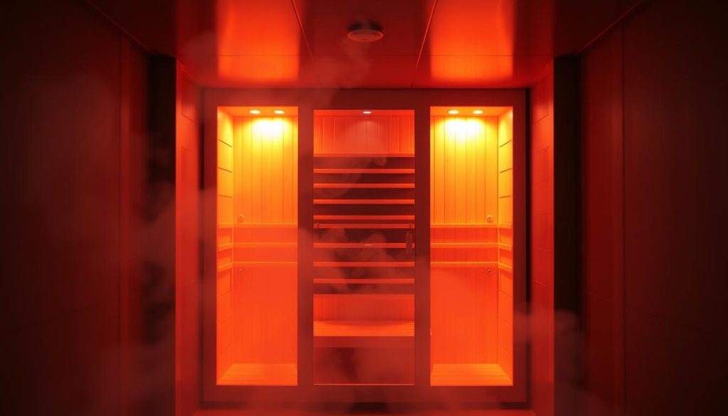 A dimly lit room with an infrared sauna in the center, its warm amber glow casting a soothing atmosphere. The sauna's sleek, modern design features clean lines and a minimalist aesthetic. The walls are lined with infrared panels, emitting therapeutic heat that gently penetrates the body. In the foreground, plumes of steam rise, creating a hazy, contemplative ambiance. The background is softly blurred, putting the focus on the sauna's mesmerizing presence. A sense of tranquility and relaxation permeates the scene, inviting the viewer to imagine the potential benefits and drawbacks of this alternative wellness experience.