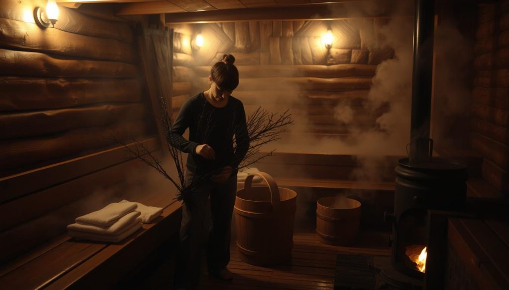 A dimly lit traditional Russian bath house, the steam rising from the wooden benches. In the foreground, a person methodically arranges birch branches, towels, and a wooden bucket, preparing for the upcoming bathing ritual. The room is filled with a warm, earthy atmosphere, the glow of the stove casting a soft light across the scene. The walls are lined with rough-hewn wooden planks, adding to the rustic, timeless ambiance. A sense of relaxation and rejuvenation permeates the space, as the individual thoughtfully goes about their pre-bathing routine.