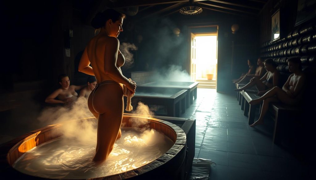 A dimly lit traditional Ukrainian bathhouse (baня) with steam rising from the hot stones. In the foreground, a woman stands waist-deep in a wooden tub, her skin glistening with sweat as she rubs a loofah over her cellulite-affected thighs. The middle ground features benches along the walls, where other bathers recline and chat. The background shows the entrance, with sunlight streaming in through the doorway, casting a warm glow on the scene. The lighting is hazy and atmospheric, creating a sense of relaxation and rejuvenation. The overall mood is one of wellness, self-care, and the healing power of the baня.