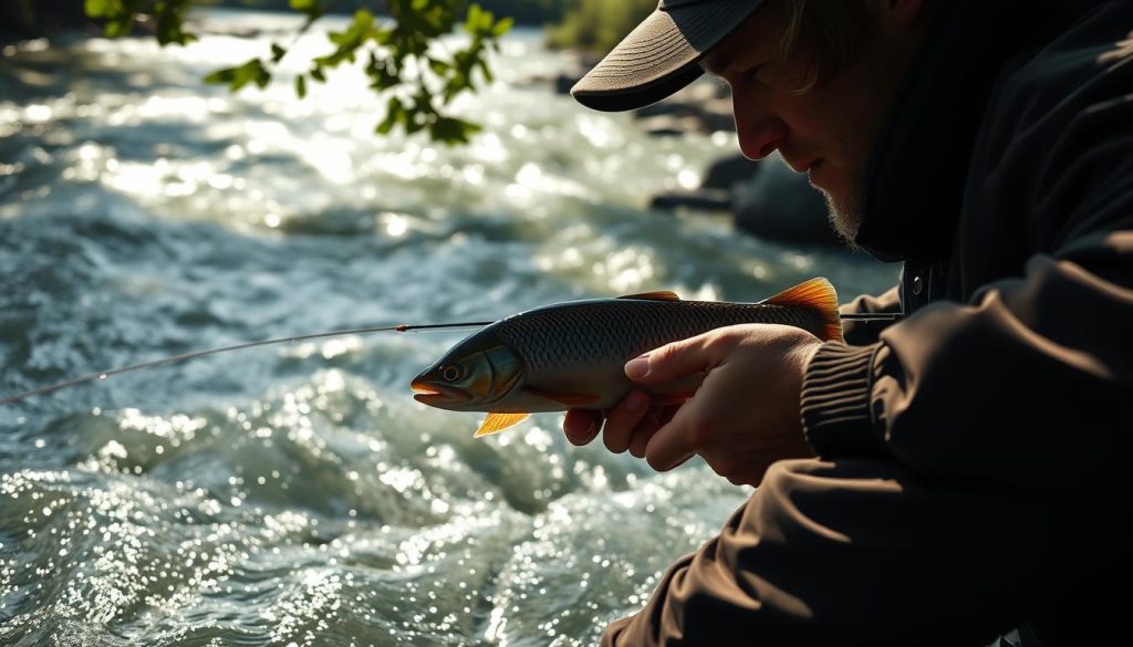 A dramatic close-up of an angler deftly casting a 7fishing.com.ua woblerin a rushing river, the lure slicing through the air as the fisherman intently tracks its arc. The river's surface shimmers with dappled light, the surrounding foliage casting deep shadows. The angler's face is set with fierce concentration, their body poised for the strike of a powerful predatory fish drawn in by the lure's tantalizing movements. An atmospheric scene capturing the thrill and artistry of predatory fish hunting with woblerlures.