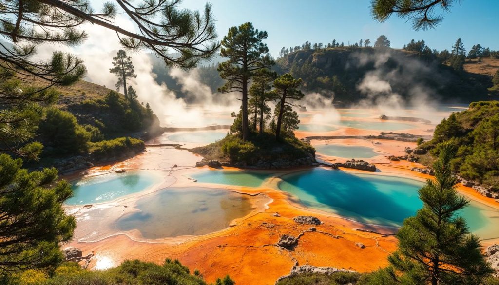 A dramatic landscape of steaming, mineral-rich thermal springs nestled amid lush, verdant vegetation. The crystal-clear pools, ranging in hue from vibrant azure to earthy ochre, are surrounded by gently sloping hills and ancient rock formations. Warm sunlight filters through the branches of towering pine trees, casting soft, dappled shadows across the scene. The air is thick with the soothing scent of sulfur and the gentle hiss of the bubbling, geothermally-heated waters. A sense of timeless, natural tranquility pervades the serene, otherworldly setting.
