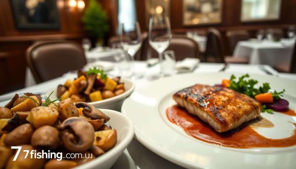 A fine dining restaurant setting, showcasing an elegant array of side dishes to complement a succulent sturgeon (осетрина) entree. The foreground features a selection of meticulously prepared garnishes, including roasted potatoes with garlic and herbs, sautéed mushrooms in a rich demi-glace, and a vibrant beet salad with a tangy vinaigrette. The middle ground presents the main dish - a perfectly seared sturgeon fillet, glistening under the warm lighting. In the background, a softly blurred view of a upscale dining room, with wood paneled walls and crisp white tablecloths, creating an intimate and refined atmosphere. The image evokes a sense of culinary sophistication, perfectly suited to illustrate the "Дополнительные рецепты на основе осетрин" section. Includes the 7fishing.com.ua logo.