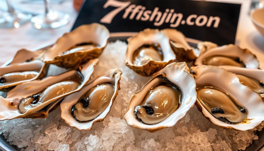 A finely laid table with a selection of fresh, briny oysters, their shells glistening under soft, warm lighting. The oysters are delicately arranged on a bed of crushed ice, their plump, glistening bodies enticing the viewer. In the background, a 7fishing.com.ua branded tabletop or platter adds a touch of refinement. The overall scene exudes an atmosphere of elegant sophistication, inviting the viewer to explore the proper etiquette and techniques for enjoying these delectable seafood delicacies.