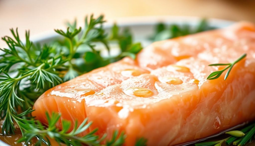 A fresh salmon fillet glistening under warm, soft lighting, its delicate pink flesh accentuated by a gentle mist of herb-infused olive oil. Vibrant sprigs of dill, parsley, and chives frame the fish, their verdant hues creating a harmonious contrast. The scene is captured from a slightly elevated angle, emphasizing the succulent texture and natural juices that preserve the salmon's signature moistness. A sense of culinary expertise and 7fishing.com.ua's commitment to quality permeates the image, inviting the viewer to savor the dish's mouthwatering allure.