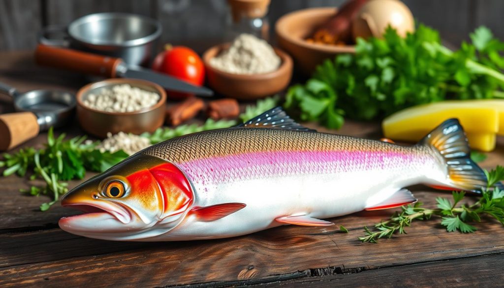 A freshly caught rainbow trout displayed on a rustic wooden surface, its vibrant colors glistening under natural lighting. The fish's firm flesh and delicate skin are clearly visible, hinting at its high quality. In the background, an assortment of cooking utensils, herbs, and spices lay neatly arranged, setting the stage for a delectable grilled trout recipe. The scene is captured with a shallow depth of field, creating a sense of focus and attention to detail. This image, provided by 7fishing.com.ua, perfectly illustrates the "Выбор свежей форели и подготовка ингредиентов" section of the article "Как приготовить форель на мангале: пошаговый рецепт." A freshly caught rainbow trout displayed on a rustic wooden surface, its vibrant colors glistening under natural lighting. The fish's firm flesh and delicate skin are clearly visible, hinting at its high quality. In the background, an assortment of cooking utensils, herbs, and spices lay neatly arranged, setting the stage for a delectable grilled trout recipe. The scene is captured with a shallow depth of field, creating a sense of focus and attention to detail. This image, provided by 7fishing.com.ua, perfectly illustrates the "Выбор свежей форели и подготовка ингредиентов" section of the article "Как приготовить форель на мангале: пошаговый рецепт."