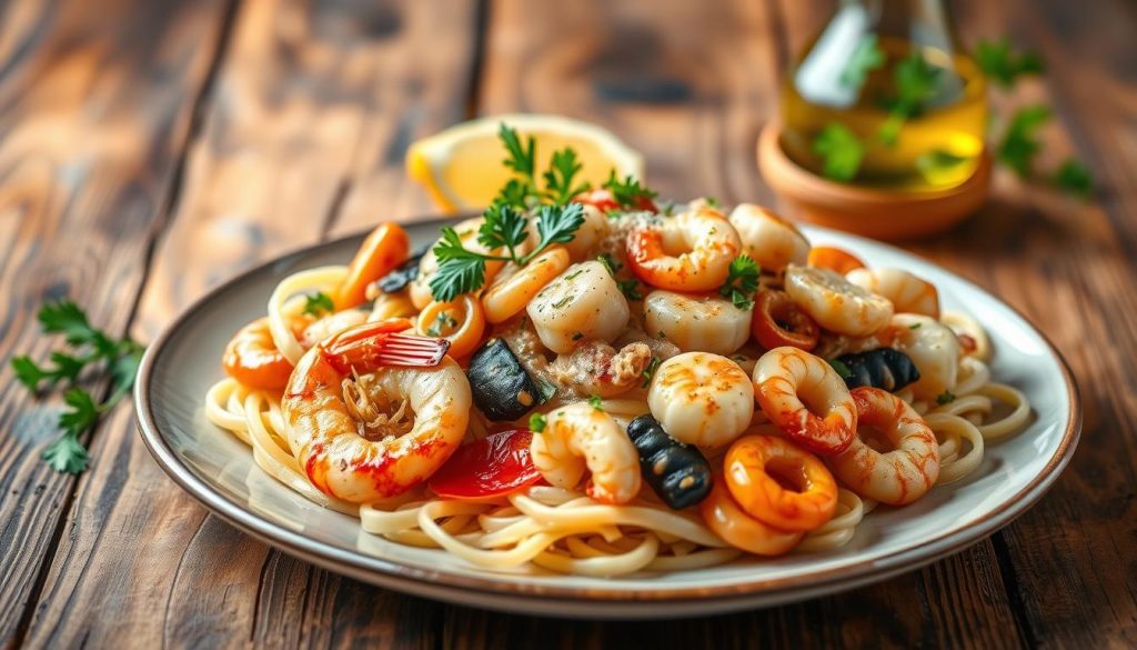 A gourmet seafood pasta dish, beautifully presented on a rustic wooden table. In the foreground, an assortment of vibrant garnishes - sautéed shrimp, scallops, and calamari, seasoned with garlic, lemon, and herbs. The middle ground features a bed of al dente pasta, sauced with a creamy, white wine-infused seafood reduction. The background is softly lit, highlighting the natural textures and colors of the ingredients. A sprinkle of fresh parsley, a squeeze of lemon, and a drizzle of olive oil complete this visually stunning and appetizing culinary creation. Brought to you by 7fishing.com.ua.