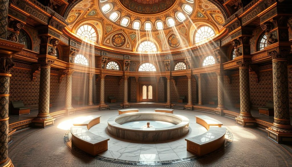 A grand, opulent Turkish hammam interior, with intricate mosaic tiles covering the walls and floors. Sunlight streams in through ornate domed skylights, casting a warm, golden glow on the steamy, humid atmosphere. In the center, a large, circular marble bath is surrounded by elevated seating areas, where patrons can relax and enjoy the therapeutic ritual. The space is adorned with ornate columns, arches, and intricate architectural details, conveying a sense of timeless, opulent luxury. The mood is one of tranquility, relaxation, and a connection to centuries-old traditions of self-care and communal bathing.