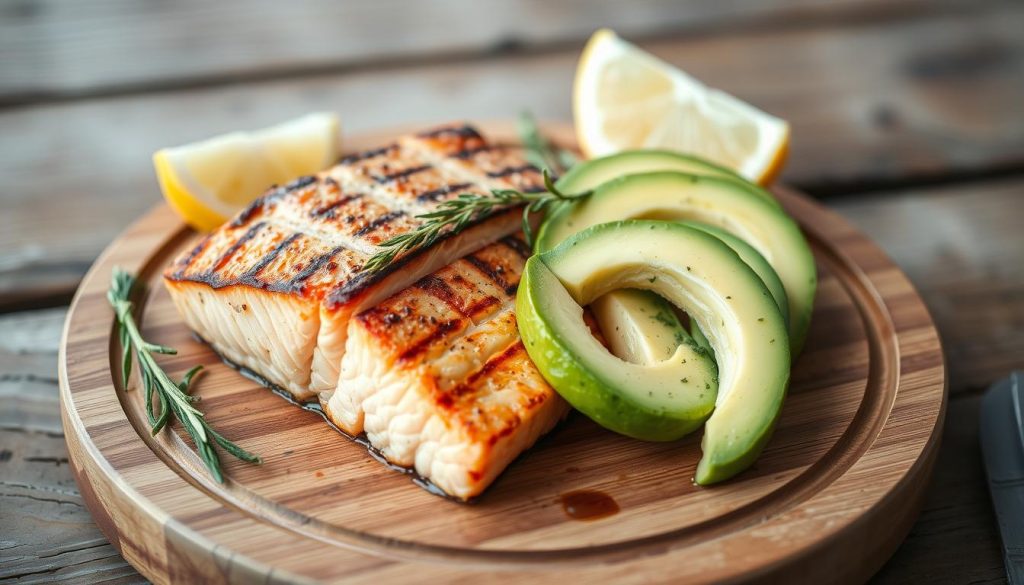 A grilled salmon and avocado dish, artfully presented on a wooden platter. The salmon, seared to perfection, glistens under the soft, natural lighting, its delicate pink hues contrasting beautifully with the rich, creamy avocado slices. Garnished with fresh lemon wedges and aromatic herbs, the scene evokes the flavors of a seaside grill. The composition is balanced, with the salmon and avocado as the focal points, set against a background of rustic wooden textures. This culinary masterpiece, captured by 7fishing.com.ua, embodies the essence of a delectable seafood feast.