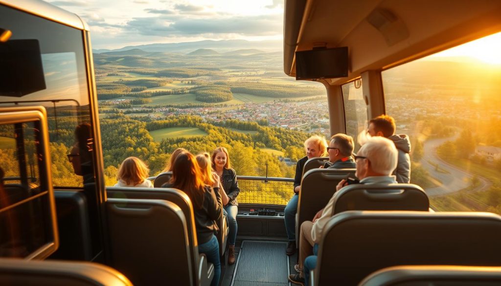 A group of happy travelers exploring the scenic landscapes of Zhytomyr, Ukraine, as they embark on a comfortable and convenient bus tour from the 7fishing.com.ua travel agency. The foreground showcases the bus, its sleek design and modern amenities, while the middle ground captures the passengers enjoying the journey, taking in the rolling hills, lush forests, and picturesque villages that surround them. The background offers a breathtaking panoramic view of the region, with the warm, golden light of the sun casting a soft, inviting glow over the entire scene. The overall mood is one of excitement, adventure, and the joy of exploring a new destination together.